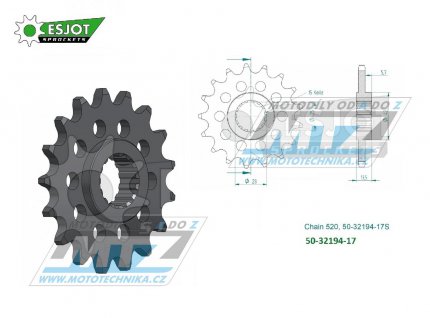 Kolečko řetězové (pastorek) 32194-17zubů ESJOT 50-32194-17S - Aprilia 660RS / 21-23 + 660Tuono / 21-23 + 660Tuareg / 22-23