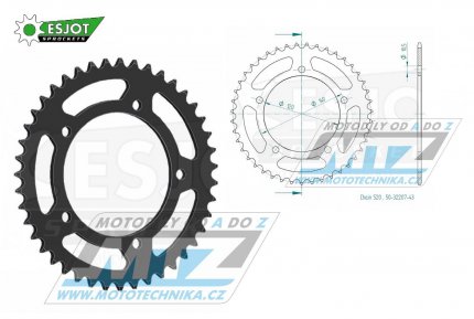 Rozeta ocelová (převodník) 1793-43zubů ESJOT 50-32207-43 (černá) - Suzuki GSXR600+GSXR750+GSXR1000 + Triumph 865 Bonneville + 865 Scrambler + 865 Thruxton