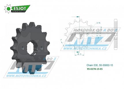 Kolečko řetězové (pastorek) 0278-15zubů ESJOT 50-35002-15 - Honda CB250+CB350+CB360 + CB400+CB450+CB500 + CJ250T+CJ360 + CM400+CM450+CBX400F