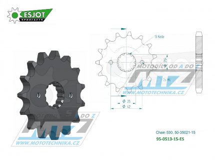 Koleko etzov (pastorek) 0513-15zub ESJOT 50-35021-15 - Suzuki GS400+GSX400 + GS550+GSF600+GS650+GSXR750+VZ800+RF900R+GSXR1100+GSF1200+GSXR1300R + Kawasaki Z250+GPZ500R+Z550+ZX600+Z650+Z750 + Yamaha RD350+SR500+FZR600 + Cagiva 1000 Raptor