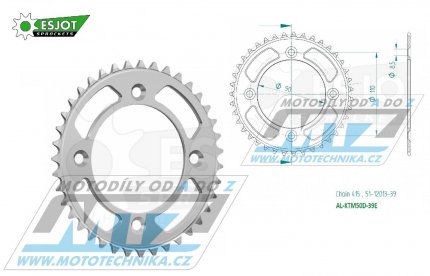 Rozeta řetězová (převodník) Dural KTM50D-39zubů ESJOT 51-12013-39 - KTM 50SX / 14-25 + SX-E5 + Husqvarna TC50 / 17-25 + Gas-Gas MC50