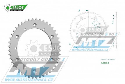 Rozeta řetězová (převodník) Dural 0853-44zubů ESJOT 51-32003-44 - barva stříbrná - Yamaha YZ100+YZ125+YZ250 +YZ465+YZ490+DT200R+ SR500+IT175+IT200+IT250+IT400+IT465+IT490+TT350 + WR125 +WR250+WR400+WR500+YFM350X Warrior+YFM660R Raptor + Kreidler 170