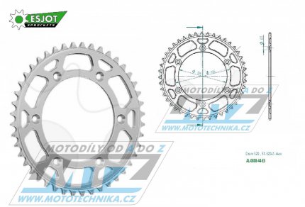 Rozeta řetězová (převodník) Dural 0808-44zubů ESJOT 51-32041-44 - barva stříbrná - Suzuki RM125 / 80-11+RM250 / 82-12+RMX250 / 89-00+RMZ250 / 07-20+RMZ450 / 05-20+RMX450Z / 10-19+DRZ250 / 01-07+DR350 / 96-99+DRZ400S / 00-20+DRZ400E / 00-07 + Kawasaki