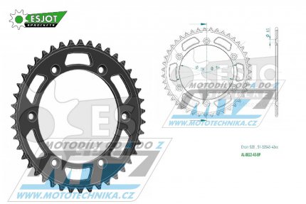 Rozeta řetězová (převodník) Dural 0822-43zubů ESJOT 51-32043-43BP - barva černá elox - Husqvarna CR+WR+TC+TE+WRE+TXC+SM+SMR + Suzuki DR350+DRZ400 + Cagiva WMX + Gas-Gas EC+ECF+XC+Ranger + Beta RR + Sherco SE+SEF + Rieju MR+XC+Ranger