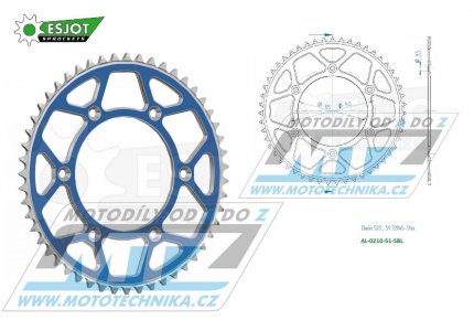 Rozeta řetězová (převodník) Dural 0210-51zubů ESJOT 51-32045-51SBL - barva modrá - Honda CR125+CR250+CR500 + CRF250R+CRF250X+CRF450R+CRF450X+CRF450RX+CRF450L + CRM250+CRF150F + CRF230F / 03-21 + XR250S+XL250S+XL250 + XR250R+XR400R / 96-04 + XR650