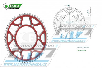 Rozeta řetězová (převodník) Dural 0210-52zubů ESJOT 51-32045-52SR - barva červená - Honda CR125+CR250+CR500 + CRF250R+CRF250X+CRF450R+CRF450X+CRF450RX+CRF450L + CRM250+CRF150F + CRF230F / 03-21 + XR250S+XL250S+XL250 + XR250R+XR400R / 96-04 + XR650R /