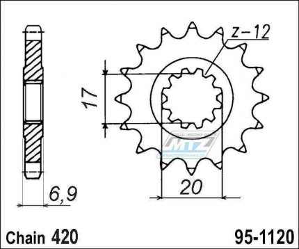 Kolečko řetězové (pastorek) 1120-12zubů MTZ - Aprilia 50RS+Betamotor 50RR+CPI 50SM+Fantic 50 Caballero+Generic 50 Trigger+Malaguti 50+MBK 50 X-Limit + Motor Hispania 50RYZ+Rieju 50+MBK 50 X-Limit+Peugeot 50XP6+Yamaha DT50R