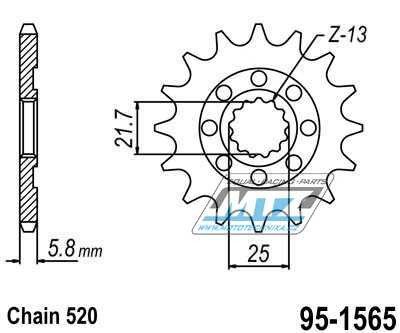 Kolečko řetězové (pastorek) 1565-14zubů MTZ - Kawasaki KXF450+KX450 / 06-25 + KX450X + KLX450R