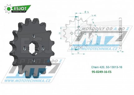 Kolečko řetězové (pastorek) 0249-16zubů ESJOT 50-13013-16 - Kawasaki KLX110 + KLX110L + AE50 + AR50A1 + AE80 + MAX100 + Honda ST50 + 125 Supra-X + ANF125 Innova + C125 + Suzuki DRZ110 + Kymco 110 Visa-R + 125 Jetix