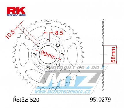 Rozeta ocelov (pevodnk) 0279-40zub RK - Honda CM250+CMX250 + CM250+CMX250 Rebel + CA250+CD250 + CB250 Night Hawk + NS125F+NS125R+NSR125F + MBX125+MTX125R + XL125+XL175 + Yuki 250