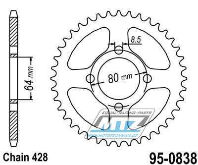 Rozeta ocelov (pevodnk) 0838-38zub MTZ - Yamaha YBR125+YB125 + DT100+F1Z 110 + RD125+RS100+RS125DX+RSX100 + YBA125 Enticer + T105+T110+T115 Crypton R + 135 Crypton X + Suzuki DRZ50+DRZ70 + Kawasaki Z125 + SYM XS125 + Yuki 125