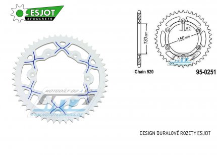 Rozeta etzov (pevodnk) Dural 0251-52zub ESJOT 53-32001-52WB ALU bl - Yamaha YZ125+YZ250 + YZF250+YZF400+YZF426+YZF450+YZF450X + WRF250+WRF400+WRF426+WRF450 + TTR230 + Honda XR250+XR350+XR500 + XL250+XL400+XL500