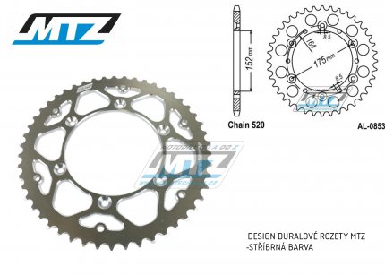 Rozeta etzov (pevodnk) Dural 0853-50zub MTZ stbrn - Yamaha YZ100+YZ125+YZ250 +YZ465+YZ490+DT200R+ SR500+IT175+IT200+IT250+IT400+IT465+IT490+TT350 + WR125 +WR250+WR400+WR500+YFM350X Warrior+YFM660R Raptor + Kreidler 170 Mustang Utility