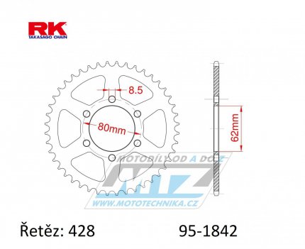Rozeta ocelov (pevodnk) 1842-52zub RK - Yamaha AG200 + DT125 + DT175 + TY125 + TY175 + TW125 + TW200 + XT125 + XT350 + YZ80