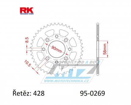 Rozeta ocelová (převodník) 0269-51zubů RK - Honda CG125+CB125+CB175+CBX125 + CM185+CM200+CT125+CT185+CT200+SL125 + XL100+XL125+XL185+XR185 + EZ90Cub + Kymco 125 Pulsar+Spike+Zing+Hipster+Stryker + Daelim VL125+VC125+VS125 + Brixton125 + Yuki 125