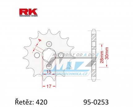 Koleko etzov (pastorek) 0253-15zub RK - Honda C50 + CR50 + CR60 + CR80R + CRF110F + CF50 Chaly + MT50S + NSR50S + SS50Z + C70 + ST70 + XL75 + MBX80F + ATC70 + MTX75 + C90 Cub + Daytona 50 Sprinter