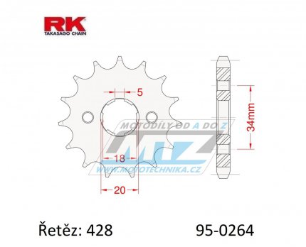 Kolečko řetězové (pastorek) 0264-16zubů RK - Honda C90Z + CE90 + CBZ125 + EZ90 Cub + CB175K + XLR250R3 + XLR250 Baja + XLR250R + Kymco 125 Pulsar + 125 STR + Gilera 125 Cougar + Yamaha DT125Z + DT200R + Derbi 125 Senda