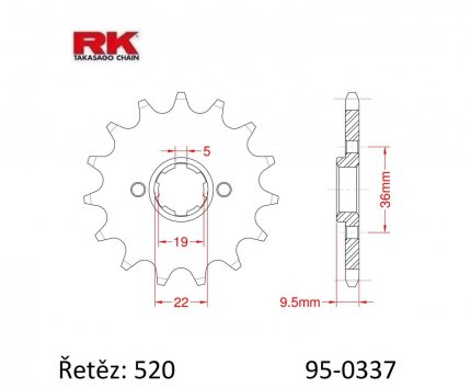 Kolečko řetězové (pastorek) 0337-14zubů RK - Honda ATC250R + TRX250R + CR250R + CR450RB + CR480R + CR500R