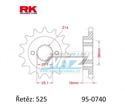 Kolečko řetězové (pastorek) 0740-15zubů RK - Ducati 795 Monster + 796 Hypermotard + 796 Monster + 916 Sport Touring + 944 Sport Turismo + 950 Multistrada + 996 Biposto + 996 Monster + 996 SPS + 996 Sport Touring