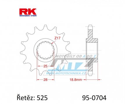 Kolečko řetězové (pastorek) 0704-17zubů RK - Aprilia 1000 + 1100 + BMW F650GS+ F700GS + F800GS + F850GS + F900R + Husqvarna 900