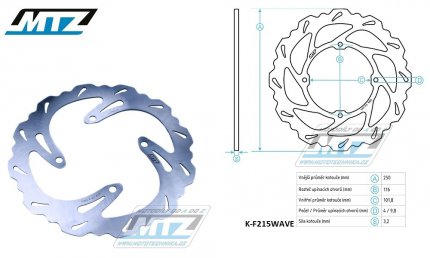 Kotouč brzdový MTZ nerezový - zubatý desing Wave - Kawasaki KX125 / 03-05+KX250 / 03-05+KXF250 / 04-05+KDX125 / 90-99+KDX200 / 95-06+KDX220R / 97-05+KLX250 / 06-10 + Suzuki RMZ250 / 04-06