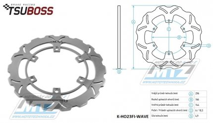 Kotouč brzdový (296/144/6D) - zubatý desing WAVE - Honda CB500R+CBF500 + CB750F Seven Fifty / 92-03 + CBF600N+CBF600S + CBR1000F / 87-00 + NT650+NT700+ ST1100+VFR750F + VT750C Shadow+VT750DC Black Widow + Cagiva 500+600+900 Canyon+900 Grand