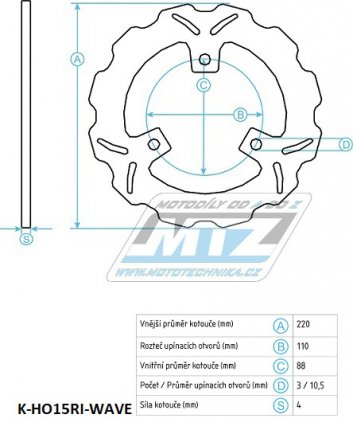 Kotouč brzdový (220/88/3D) - Honda VT25 / 88-90+CBR250 / 88-89+CBR400F / 84-87+CBR400R / 86-89+CBR500F / 87-90+CBR600F / 87-90+NS250+NSR250 / 86-97+NS400+NSR400+VFR400