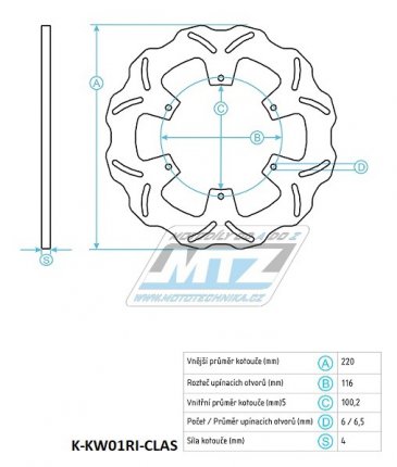 Kotouč brzdový (220/100/6D) - Kawasaki KX125 / 89-02+KX250 / 89-02+KX500 / 89-04 + KDX200 / 04-06+KDX220 / 03-05+KLX300R / 97-07+KLX650R / 93-03