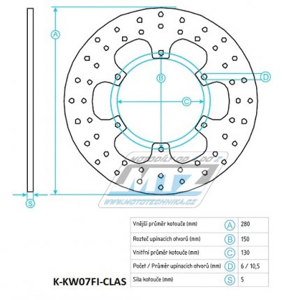 Kotouč brzdový nerezový (280/130/6D) - Kawasaki Eliminator 400 / 88-89+ER5 / 96-06+GPZ500S / 87-88+Eliminator 600 / 86-94+Z750Turbo / 84-86+Eliminator 900 / 85-87+GPZ900R / 84-89+Eliminator 1000 / 86-90+GPX1000R / 86-89+GTR1000 / 94-06