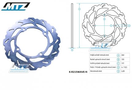 Kotou brzdov MTZ nerezov - zubat desing Wave - Kawasaki KX125 / 03-08 + KX250 / 03-08 + KXF250 / 04-19+21-24 + KXF450 / 06-18 + KLX450R / 08-21 + Suzuki RMZ250 / 04-06