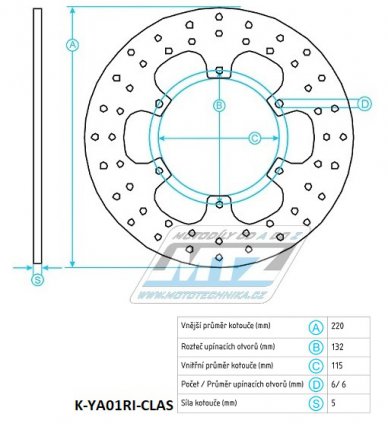 Kotouč brzdový (220/115/6D) - Yamaha DT125R / 88-03 + TT600 / 93-01+TT600R / 98-07 + TDR125+TT250R + YZ125+YZ250+YZ360+YZF400 + WR125+WR200R+WR2500+WRF400+WR500Z + TM MC125+EN125+GS125 + VOR Vertemati MX+EN