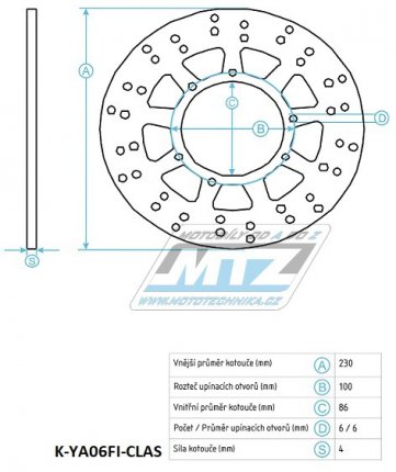 Kotouč brzdový (230/86/6D) - Yamaha DT125LC / 82-87+DT125R / 88-06+DTZ125 Tenere / 89-94+WR125 / 90-92 + YZ125+YZ250 / 86-89 + YZ360 / 89-93+WR500 / 92-93 + TT350 / 86-99 + TT600R / 84-92 + TM GS125 / 90-92