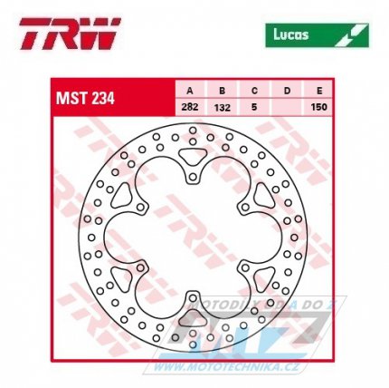 Kotouč brzdový TRW MST234 (282/132/6D) - Yamaha XT600E / 95-03 + XT600K / 94-95 + XTZ660 Tenere / 91-99 + XV750 Virago+XVS1100 DragStar / 03-07 + TZR125+TZR50+TZR80+TDR125 + XP500 Tmax / 01-03
