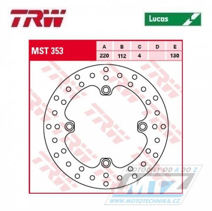 Kotouč brzdový TRW MST353 (220/112/4D) - Husqvarna CR125+CR250 + TC250+TC410+TC450+TC510+TC570+TC610 + TE250+TE450+TE510+TE410+TE610 + WR125+WR250+WR300 + WRE125+SM125 + SMR400+SMR450+SMR570+SM610