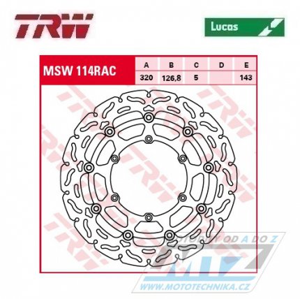 Kotouč brzdový plovoucí TRW MSW114 (320/127/6D) - zubatý design - KTM 690 Supermoto / 07-09 + 690 SMC / 08-13 + 660SMC / 03-08 + KTM 450SMR+525SMR+530SMR+560SMR + + 640 LC4 + 620SC+625SMC+660SMC + 640 Duke+620 Duke