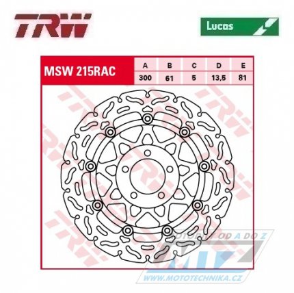 Kotouč brzdový plovoucí TRW MSW215RAC (300/61/5D) - zubatý design - Kawaski ZZR250+ZXR400+ZR550 Zephyr+ZL600 Eliminator + ZX6R+ZZR600+Z750+ZR750Zephyr+ZR7 + W800 + GPZ900R+GTR1000+Z1000+GPZ1100+ZX12R Ninja