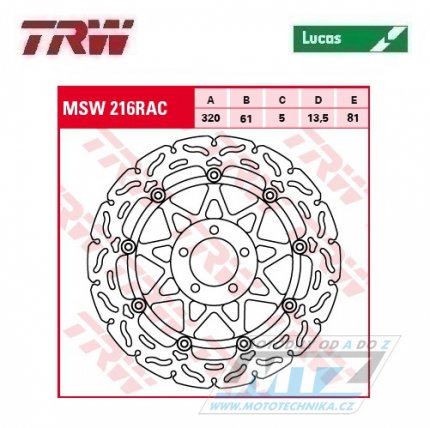 Kotouč brzdový plovoucí TRW MSW216RAC (320/61/5D) - zubatý design - Kawasaki ZXR750+ZX7R Ninja+ZX7RR Ninja+ZX9R Ninja+ZX9R Ninja+ZZR1100+ZX12RNinja + ZZR1200+VN1500+VN1600 + Suzuki VZ1600Marauder