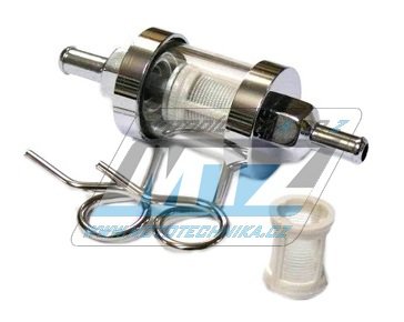 Filtr palivový/benzínový - průměr 1/4" (6mm) - prosklené kovové tělo (barva chrom)